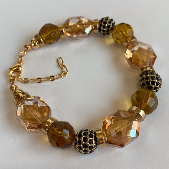 💰 𝕊 𝕠 𝕝 𝕕 💰 Amber Glass Beads & Gold Ball Bracelet 7" - Picture 5 of 9